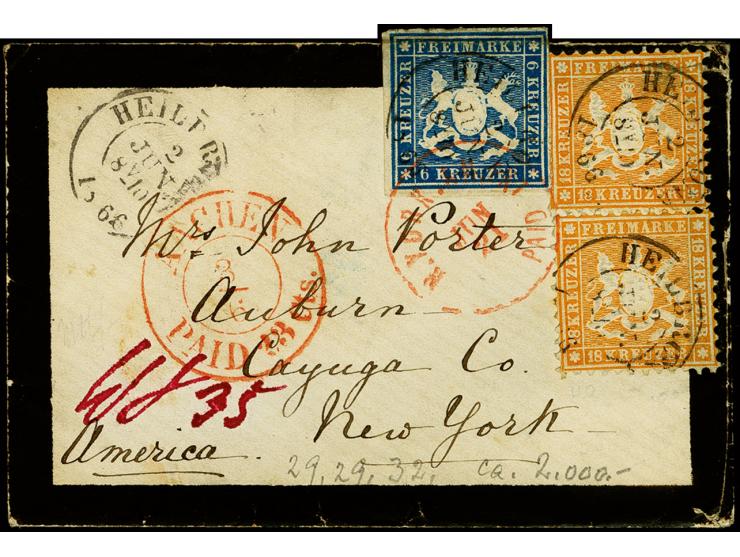 1863, 18 Kr. orangegelb zwei Einzelwerte und 1865 6 Kr. blau mit DKr. "HEILBRONN 2 JUN" auf kleinformatigem, um 1 Kr. überfra
