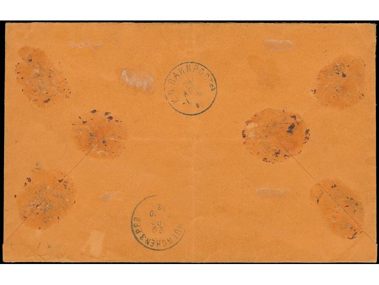 1881/83, 2 M. dunkelgelblichorange/schwarz, allseits breitrandig ungezähnt mit breitem rechten Bogenrand zusammen mit waagere