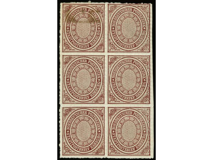 1868, ½ Sch. rötlichbraun im senkrechten 6er-Block, ungebraucht mit Originalgummi, linke obere Marke mit durchschlagendem Sch