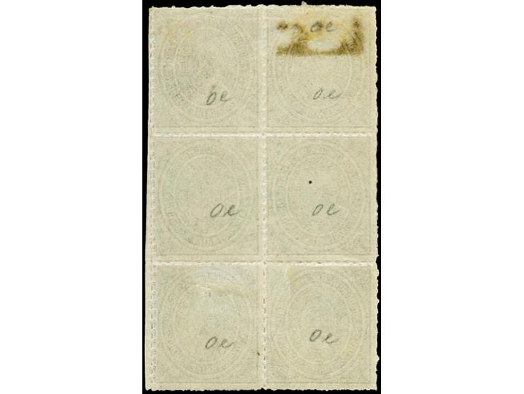 1868, ½ Sch. rötlichbraun im senkrechten 6er-Block, ungebraucht mit Originalgummi, linke obere Marke mit durchschlagendem Sch