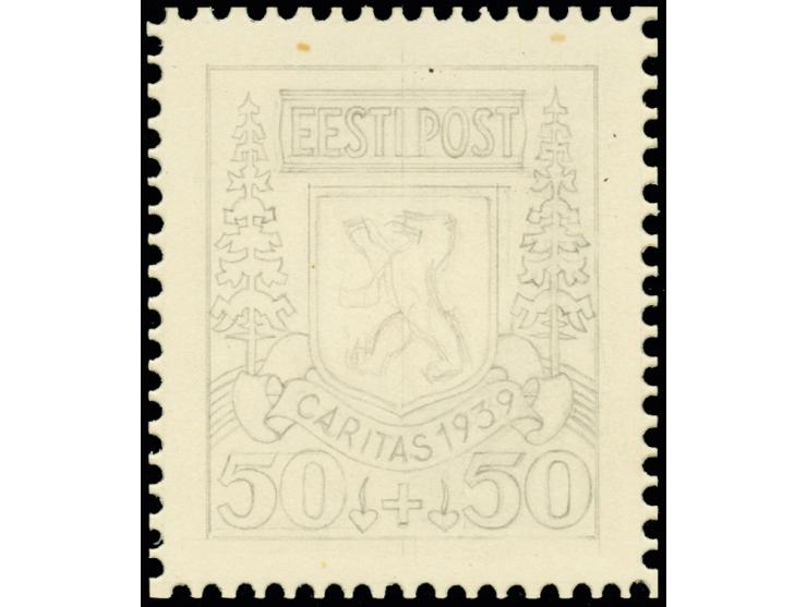 Caritas issue of 1939, 50s., pencil drawing by Günther Reindorff, 41x49,5mm, on perforated cardboard. Arms of Pärnumaa. 2 Car
