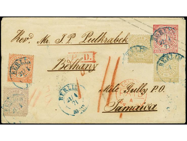 1869, ¼ Gr. violett, ½ Gr. orange und 2 Werte 5 Gr. ocker, mit blauen DKr."BERLIN 21/4 71" auf Ganzsachenumschlag 1 Gr. über 