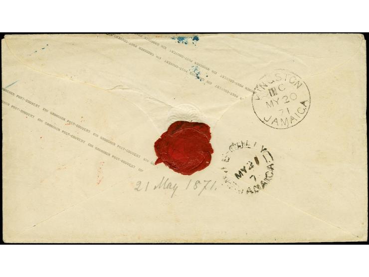 1869, ¼ Gr. violett, ½ Gr. orange und 2 Werte 5 Gr. ocker, mit blauen DKr."BERLIN 21/4 71" auf Ganzsachenumschlag 1 Gr. über 