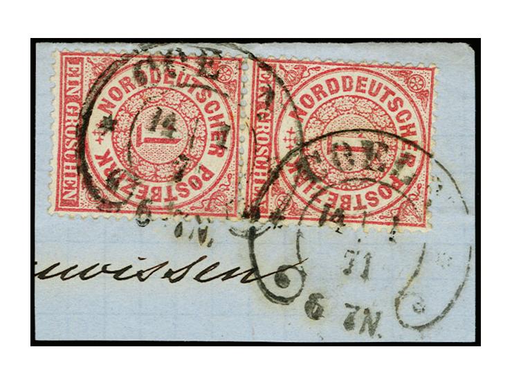1 Gr. karmin im senkrechten Paar mit Hufeisenstempel "COELN 14/1 71" (Spalink Nr. 4-16) auf Briefstück, Pracht
