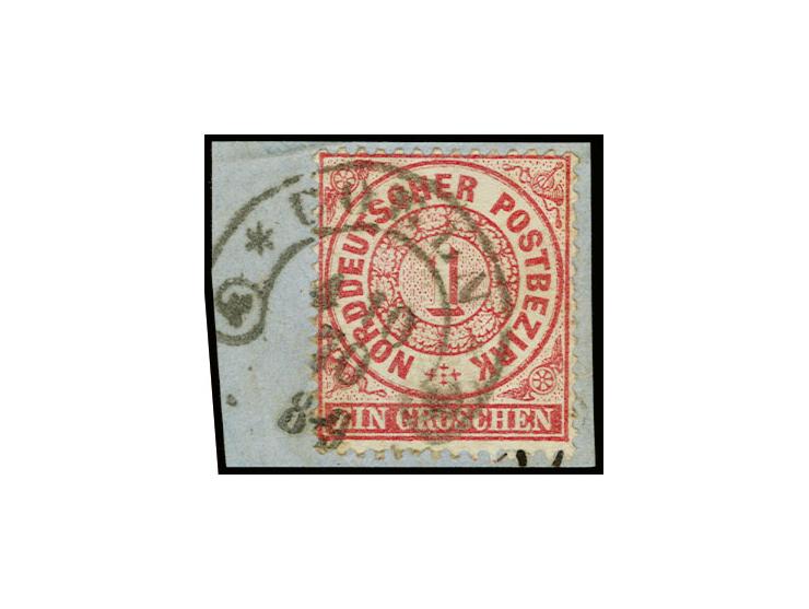 1 Gr. karmin mit Hufeisenstempel "COELN 4 10 70" (Spalink Nr. 4-12) sehr klar und annähernd vollständig auf Briefstück, Prach