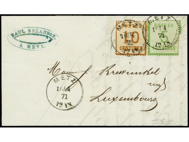 5 C. grün und 10 C. orangebraun mit EKr. "METZ 16/4 71" auf Faltbrief nach Luxemburg; kleine Fehlstelle im Briefpapier hinter