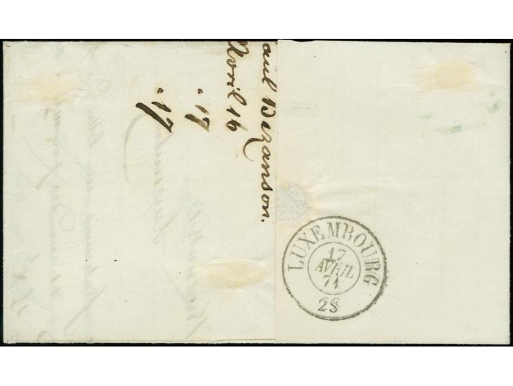 5 C. grün und 10 C. orangebraun mit EKr. "METZ 16/4 71" auf Faltbrief nach Luxemburg; kleine Fehlstelle im Briefpapier hinter
