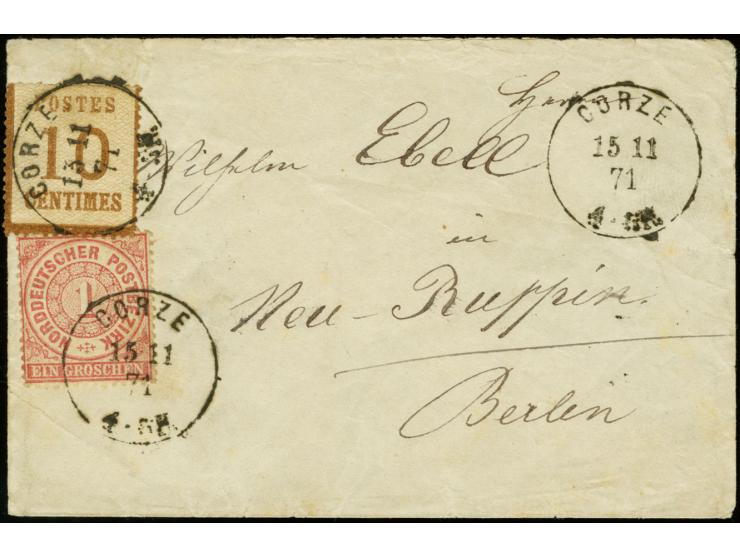 10 C., Spitzen nach unten, in Mischfrankatur mit NDP 1 Gr. gezähnt, beide mit EKr. "GORZE 15 11 71" auf kleinem Briefkuvert n