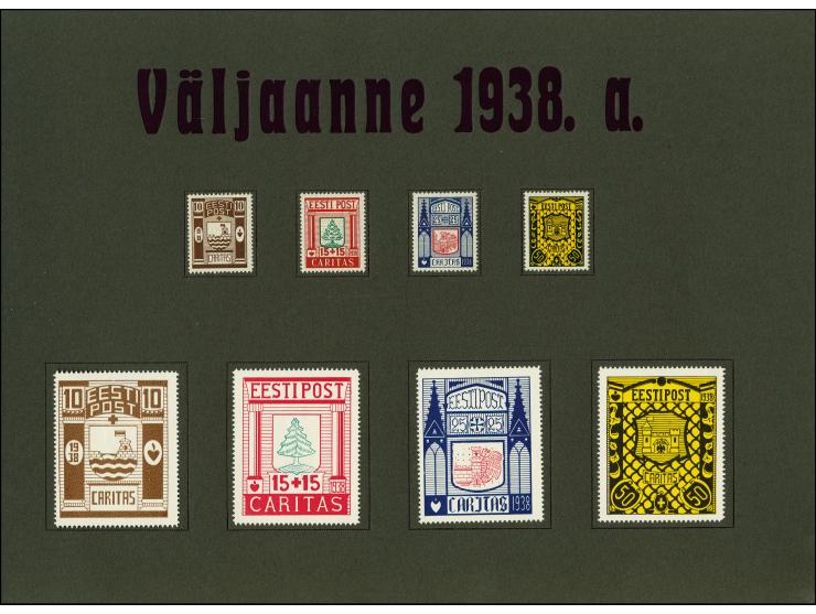 1938, 10-50 s. postage stamps and essays of the Caritas issue of 1938, hinged on gray carton sheet of the Roosman Album