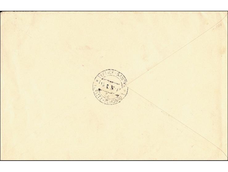 1938, Caritas souvenir sheet tied by arrival cds. and register mark to registered cover to Czechoslovakia, scarce, fine