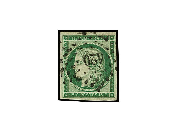 1849, Ceres 15 c. green, good to large margins and deep colour, with a central strike of PC "420" BLOIS, very fine; a scarce 
