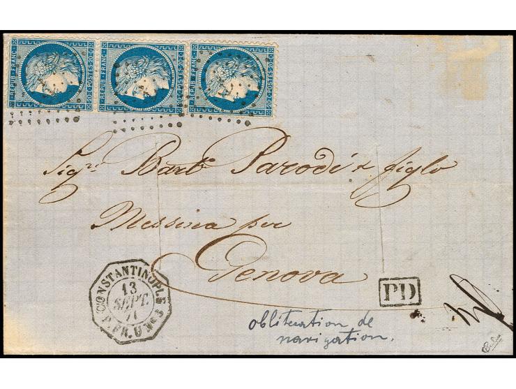 1870, Siège de Paris 20 c. blue, vertical pair and single stamp, tied by 'ancre' to lettersheet with adjacent "CONSTANTINOPLE