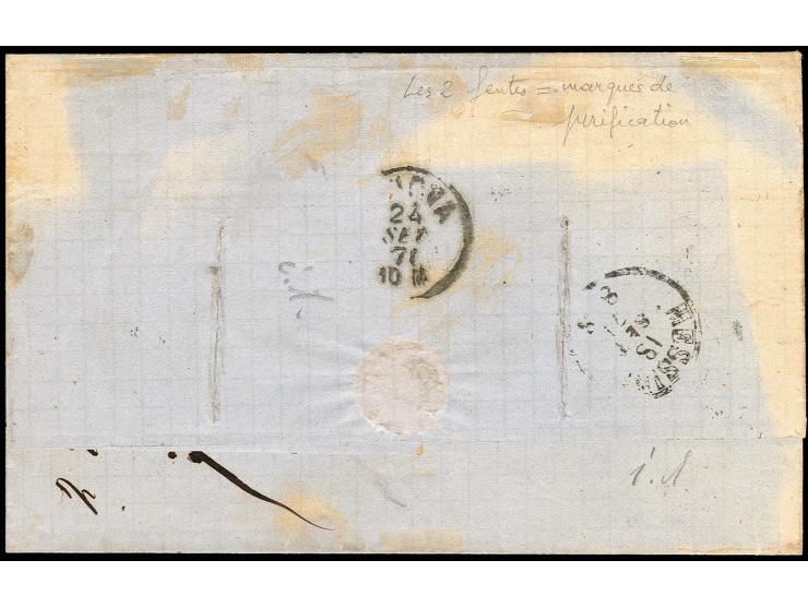 1870, Siège de Paris 20 c. blue, vertical pair and single stamp, tied by 'ancre' to lettersheet with adjacent "CONSTANTINOPLE