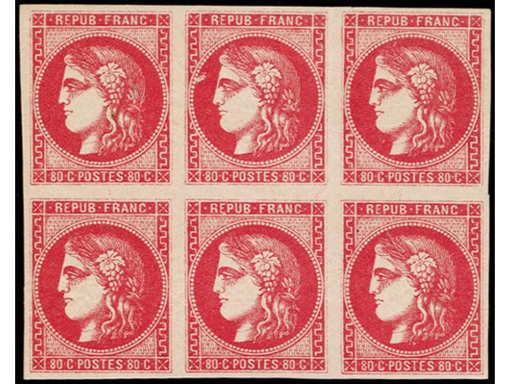 1870, Bordeaux 80 c. rose, horizontal block of 6, very fresh deep colour and good to wide margins, unused with fresh original