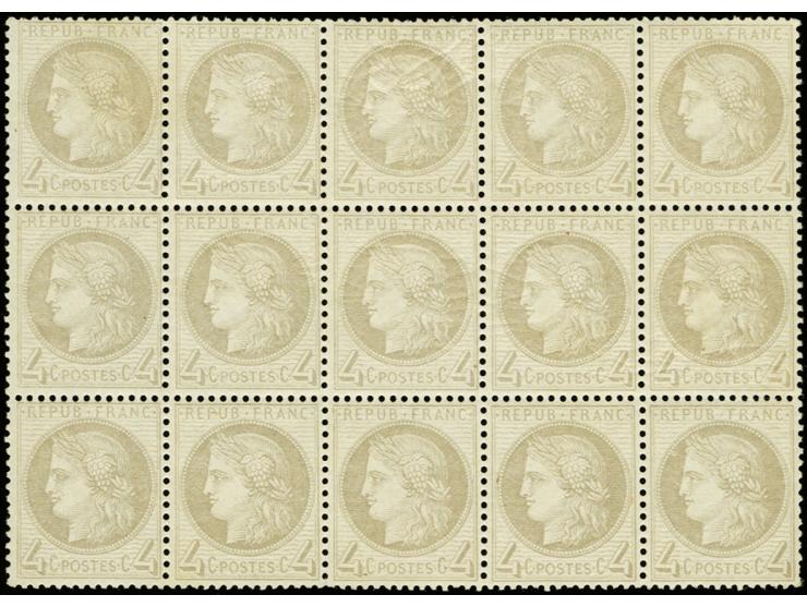 1871, Ceres 4 c. gray, horizontal block of 15, unused o.g., most stamps unmounted mint, few short perfs and perforation sligh