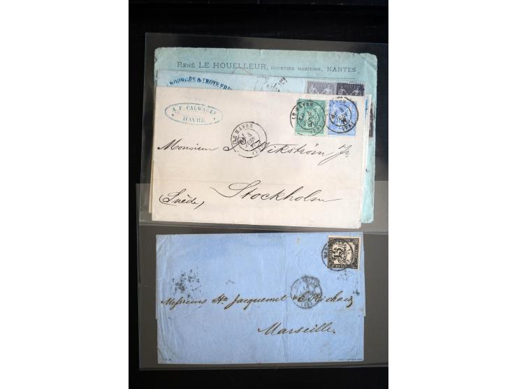 1850/1940 (ca.), etwa 190 Briefe und Karten, meist vor 1900 mit viel interessantem Material, u.a. 3-Farben-Frankatur Bordeaux