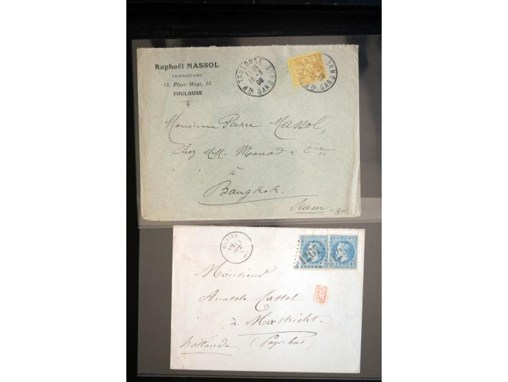 1850/1940 (ca.), etwa 190 Briefe und Karten, meist vor 1900 mit viel interessantem Material, u.a. 3-Farben-Frankatur Bordeaux
