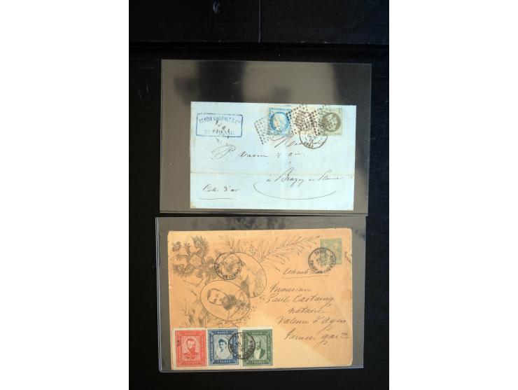 1850/1940 (ca.), etwa 190 Briefe und Karten, meist vor 1900 mit viel interessantem Material, u.a. 3-Farben-Frankatur Bordeaux
