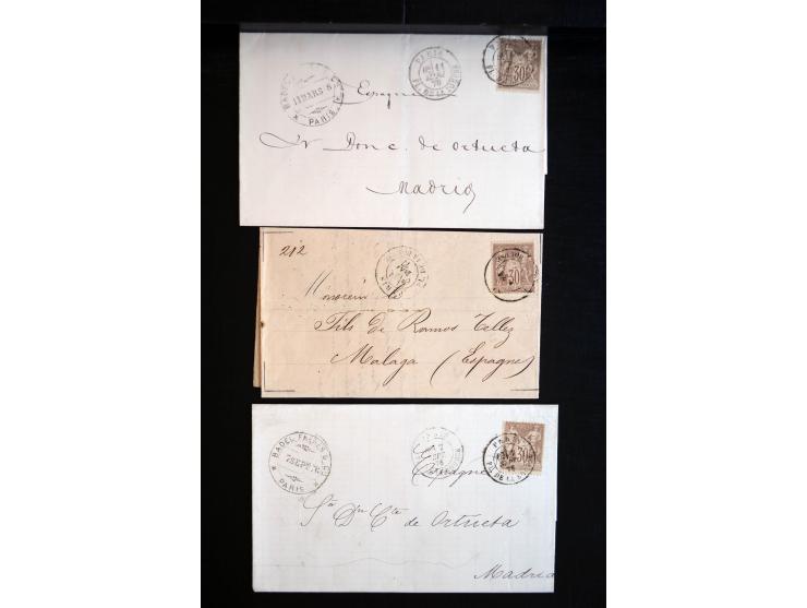 1850/1940 (ca.), etwa 190 Briefe und Karten, meist vor 1900 mit viel interessantem Material, u.a. 3-Farben-Frankatur Bordeaux