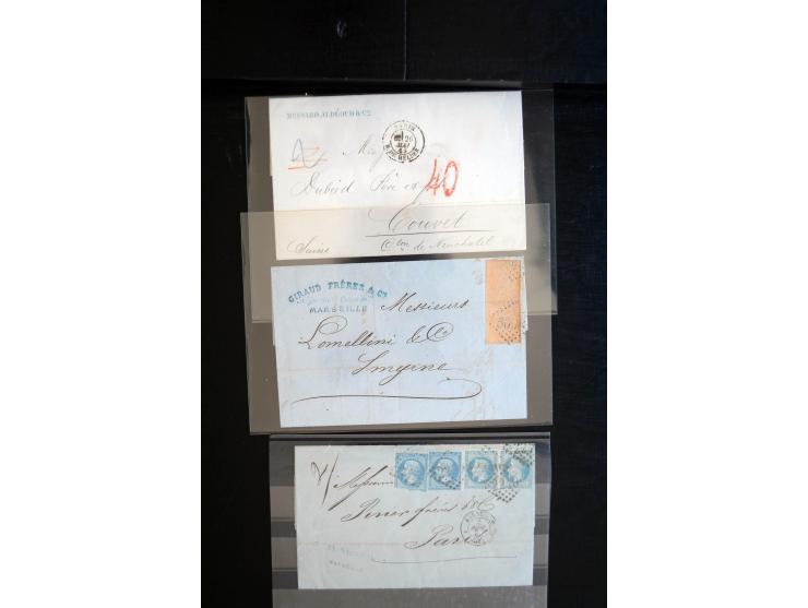 1850/1940 (ca.), etwa 190 Briefe und Karten, meist vor 1900 mit viel interessantem Material, u.a. 3-Farben-Frankatur Bordeaux