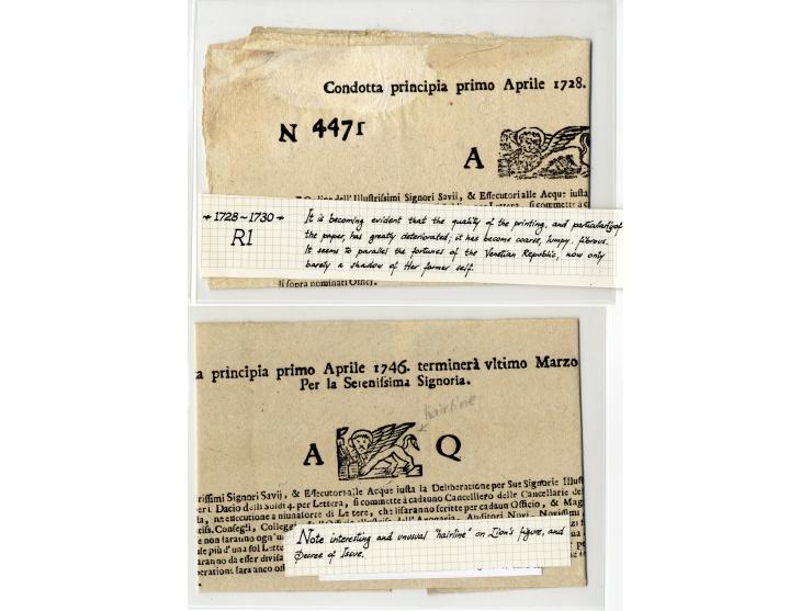 1609/1806, "TAGLI DELLI SOLDI 4 PER LETTERA" Sammlung von 24 Briefbögen, ungebraucht und gebraucht, davon 12 Stück vor 1700, 