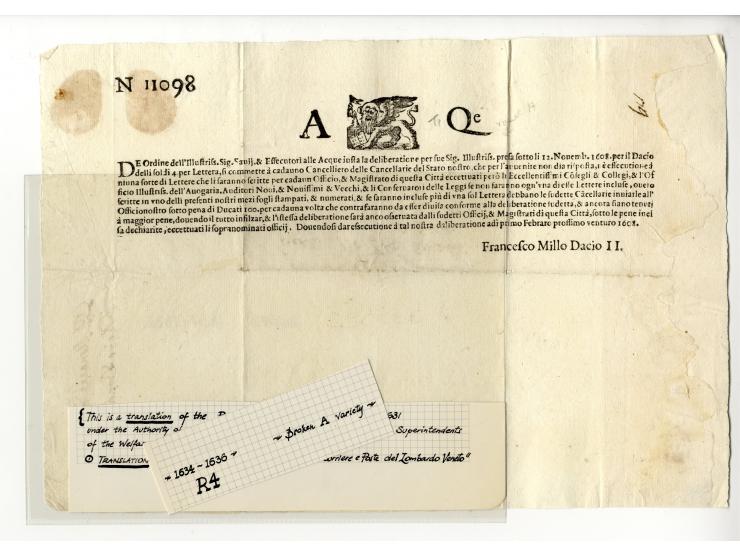 1609/1806, "TAGLI DELLI SOLDI 4 PER LETTERA" Sammlung von 24 Briefbögen, ungebraucht und gebraucht, davon 12 Stück vor 1700, 