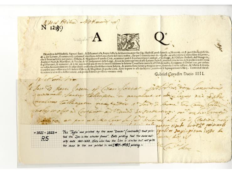 1609/1806, "TAGLI DELLI SOLDI 4 PER LETTERA" Sammlung von 24 Briefbögen, ungebraucht und gebraucht, davon 12 Stück vor 1700, 