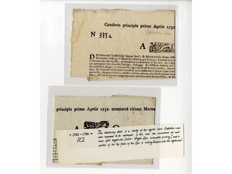 1609/1806, "TAGLI DELLI SOLDI 4 PER LETTERA" Sammlung von 24 Briefbögen, ungebraucht und gebraucht, davon 12 Stück vor 1700, 