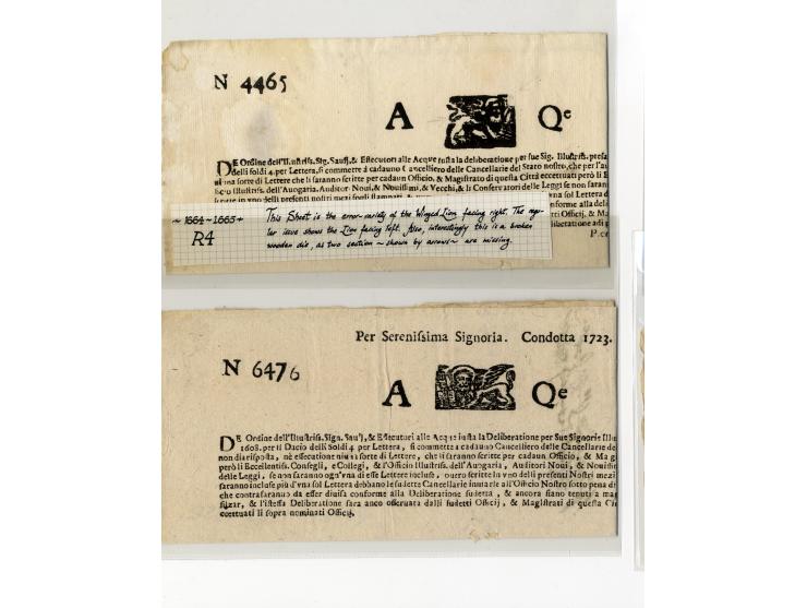 1609/1806, "TAGLI DELLI SOLDI 4 PER LETTERA" Sammlung von 24 Briefbögen, ungebraucht und gebraucht, davon 12 Stück vor 1700, 