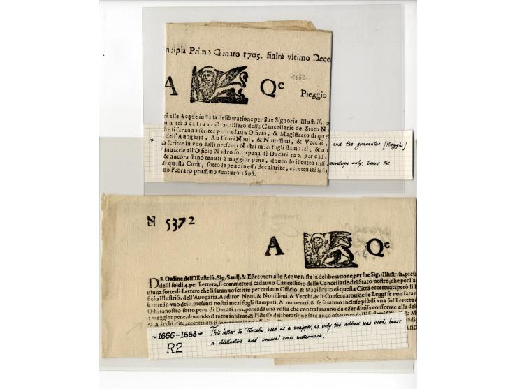 1609/1806, "TAGLI DELLI SOLDI 4 PER LETTERA" Sammlung von 24 Briefbögen, ungebraucht und gebraucht, davon 12 Stück vor 1700, 