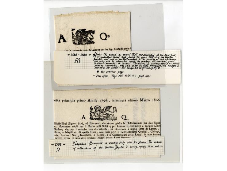 1609/1806, "TAGLI DELLI SOLDI 4 PER LETTERA" Sammlung von 24 Briefbögen, ungebraucht und gebraucht, davon 12 Stück vor 1700, 