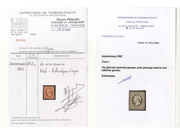1852, 1. Ausgabe, kleine Spezialsammlung, dabei beide Werte ungebraucht (Nr. 2 mit Originalgummi), diverse Stempeltypen, Einh