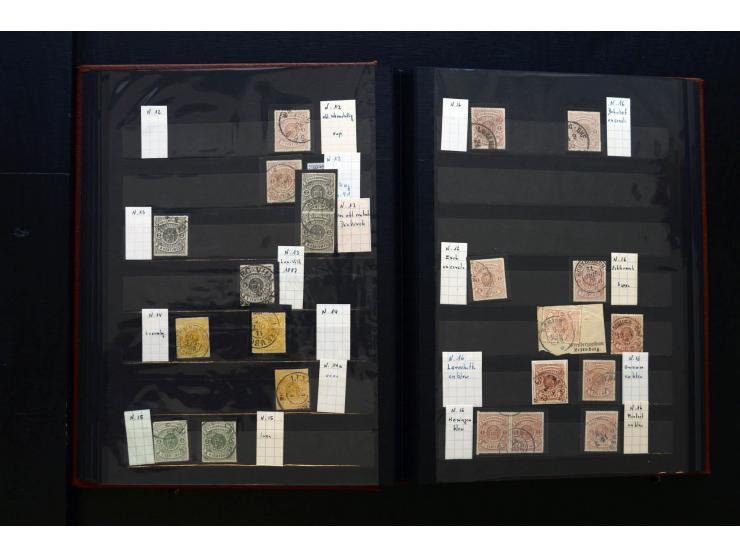 1859/80, gestempelte Partie in 2 Steckbüchern, dabei stumme und farbige Stempel, einige Paare, etc.