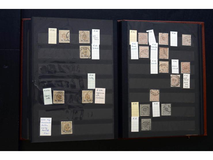 1859/80, gestempelte Partie in 2 Steckbüchern, dabei stumme und farbige Stempel, einige Paare, etc.