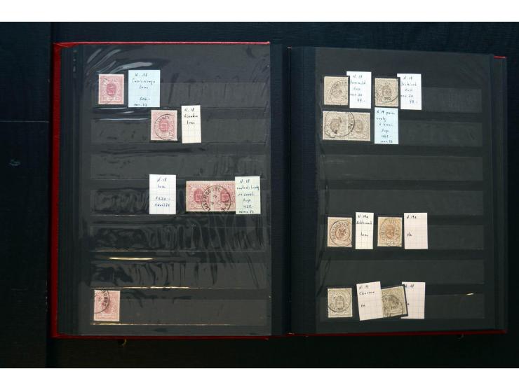 1859/80, gestempelte Partie in 2 Steckbüchern, dabei stumme und farbige Stempel, einige Paare, etc.