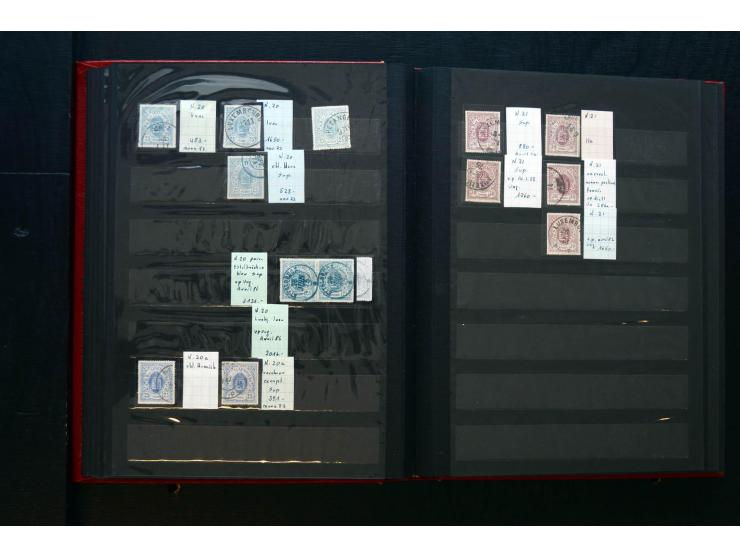 1859/80, gestempelte Partie in 2 Steckbüchern, dabei stumme und farbige Stempel, einige Paare, etc.
