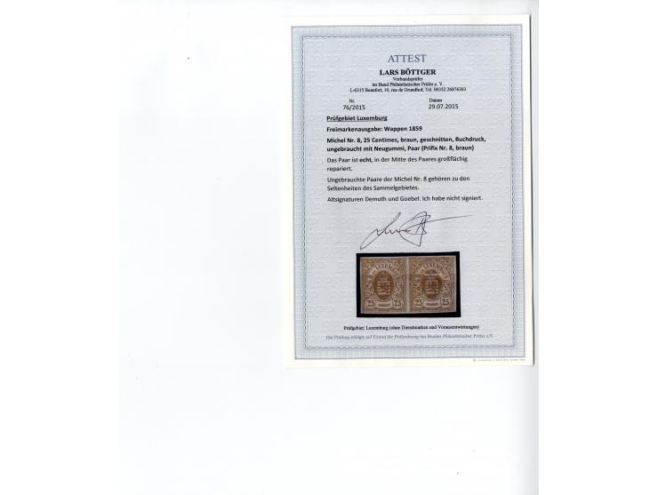 1859/74, ungebrauchte kleine Sammlung mit diversen Probedrucken, teils in Einheiten; einiges signiert, 3 Atteste Boettger BPP