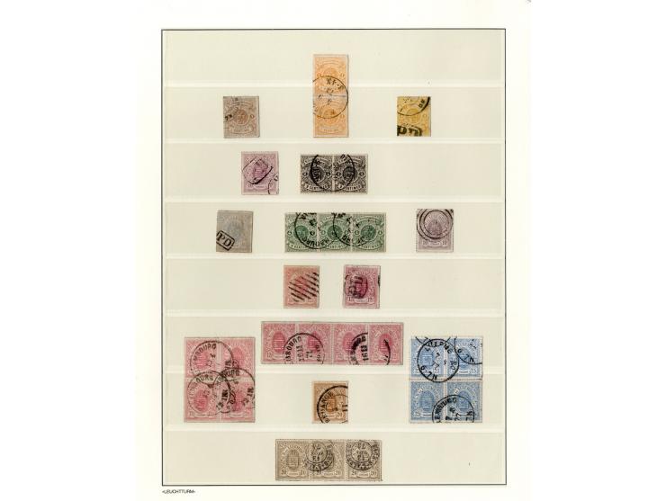 1865/74, Wappen durchstochen, gestempelte kleine Sammlung mit einigen Einheiten bis 4er-Block
