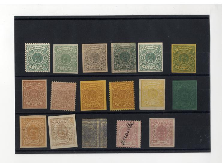 1875, Wappenausgabe, Probedrucke, sogenannte 'Essais de Bruck', kleine Sammlung von 23 Einzelwerten und 2 Viererblocks, alle 