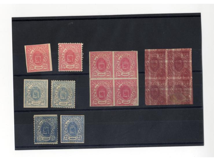 1875, Wappenausgabe, Probedrucke, sogenannte 'Essais de Bruck', kleine Sammlung von 23 Einzelwerten und 2 Viererblocks, alle 