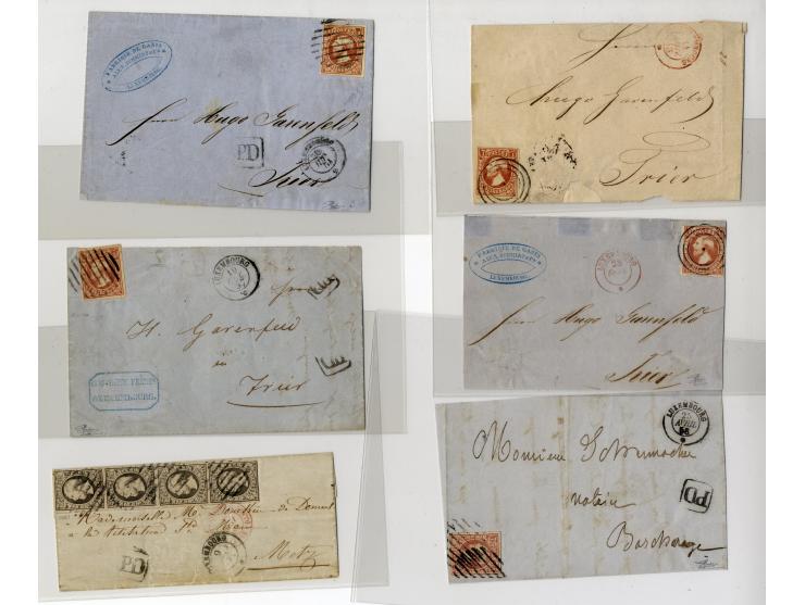 1852/58, 24 Briefe und Vorderseiten mit Nr. 1 (17 + 4er-Streifen) und Nr.2 (6)