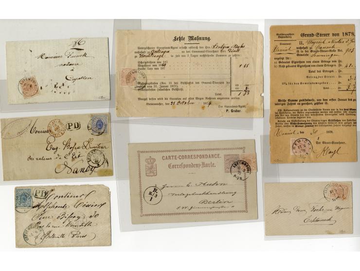1865/75, ca. 60 frankierte Briefe (eine GSK mit Zufrankatur), dabei EF und MeF, diverse Orte und Stempel, Auslandspost, etc.
