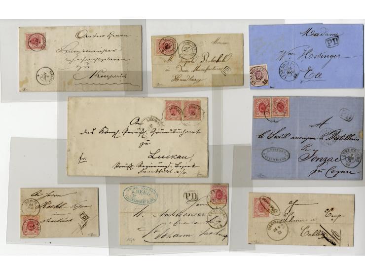 1865/75, ca. 60 frankierte Briefe (eine GSK mit Zufrankatur), dabei EF und MeF, diverse Orte und Stempel, Auslandspost, etc.