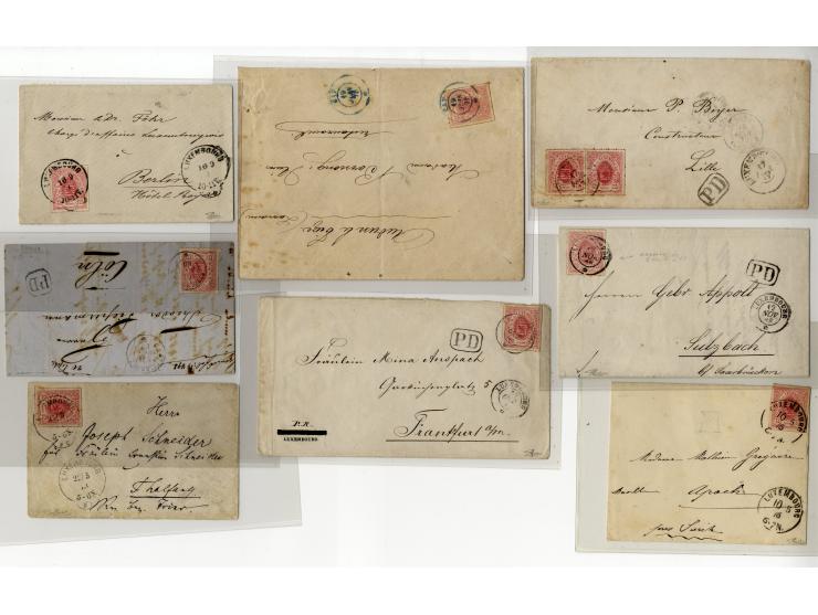 1865/75, ca. 60 frankierte Briefe (eine GSK mit Zufrankatur), dabei EF und MeF, diverse Orte und Stempel, Auslandspost, etc.