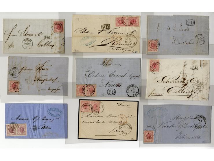 1865/75, ca. 60 frankierte Briefe (eine GSK mit Zufrankatur), dabei EF und MeF, diverse Orte und Stempel, Auslandspost, etc.