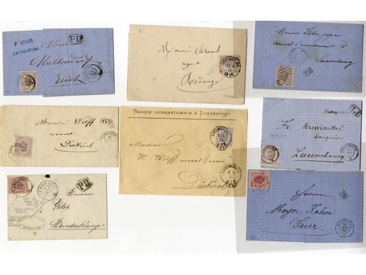 1865/75, ca. 60 frankierte Briefe (eine GSK mit Zufrankatur), dabei EF und MeF, diverse Orte und Stempel, Auslandspost, etc.