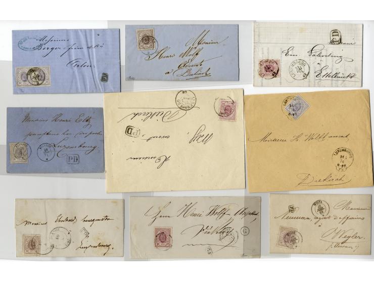 1865/75, ca. 60 frankierte Briefe (eine GSK mit Zufrankatur), dabei EF und MeF, diverse Orte und Stempel, Auslandspost, etc.