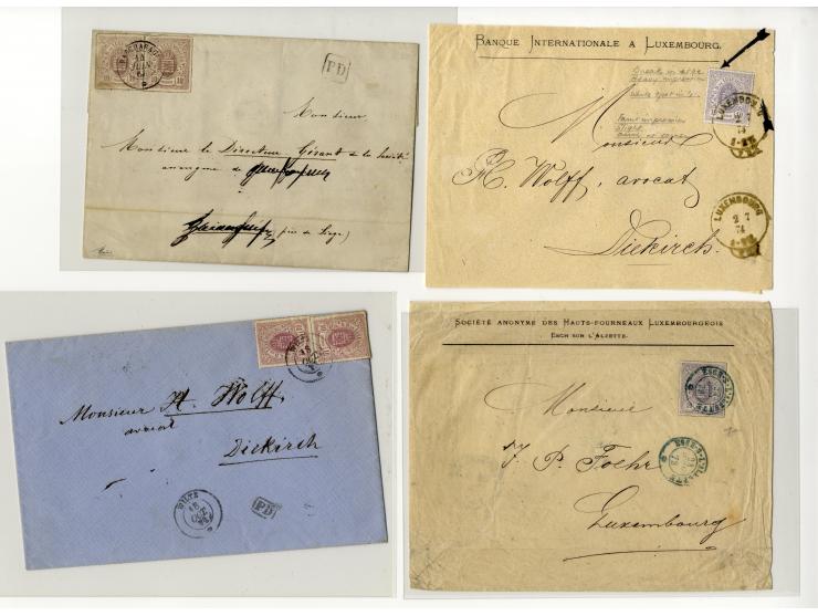 1865/75, ca. 60 frankierte Briefe (eine GSK mit Zufrankatur), dabei EF und MeF, diverse Orte und Stempel, Auslandspost, etc.