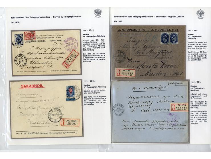 1889/1917, 27 Briefe und eine Karte abgehend vom Moskauer Telegraphenamt, dabei verschiedene Frankaturen und Destinationen, t