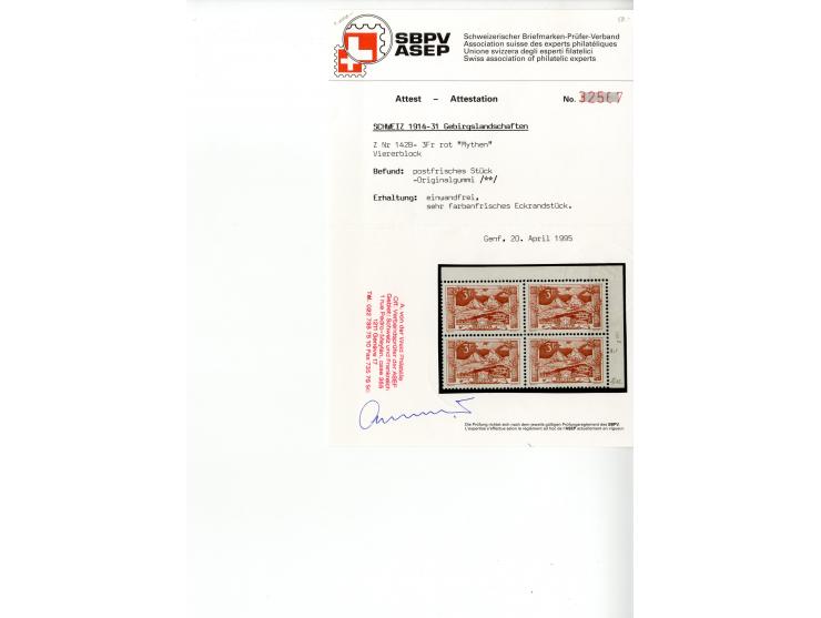 1881/1960 (ca.), postfrische Partie 4er-Blocks im steckbuch, dabei u.a. Mi.-Nr. 142, 194-97z, 301yI, 328-30v und w sowie Pax 